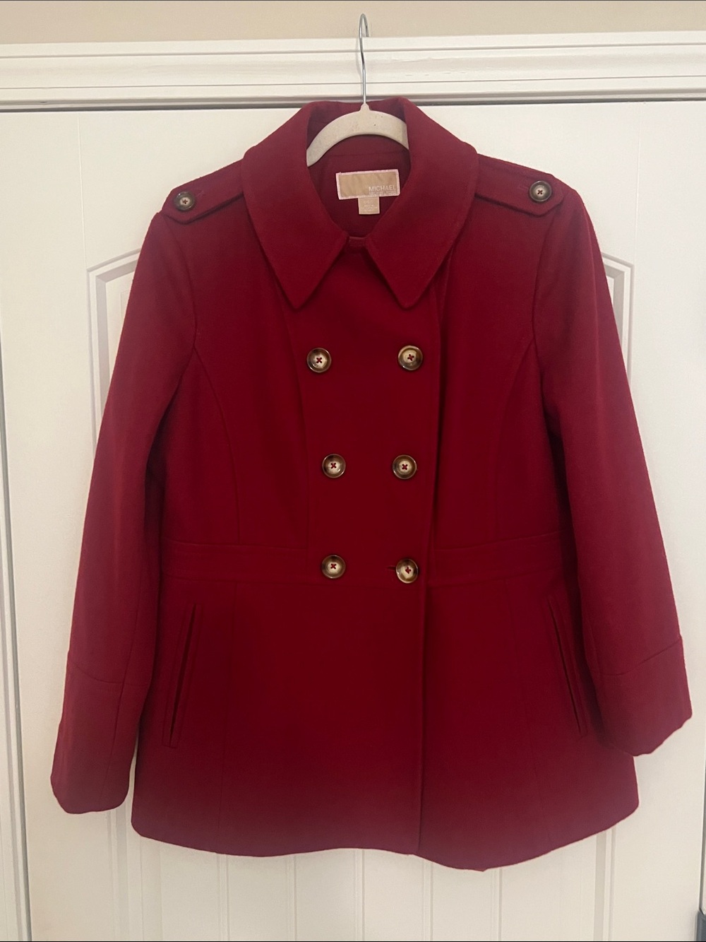 Michael Kors Women's Double-Breasted Wool Peacoat Scarlet/Deep Red Sz L